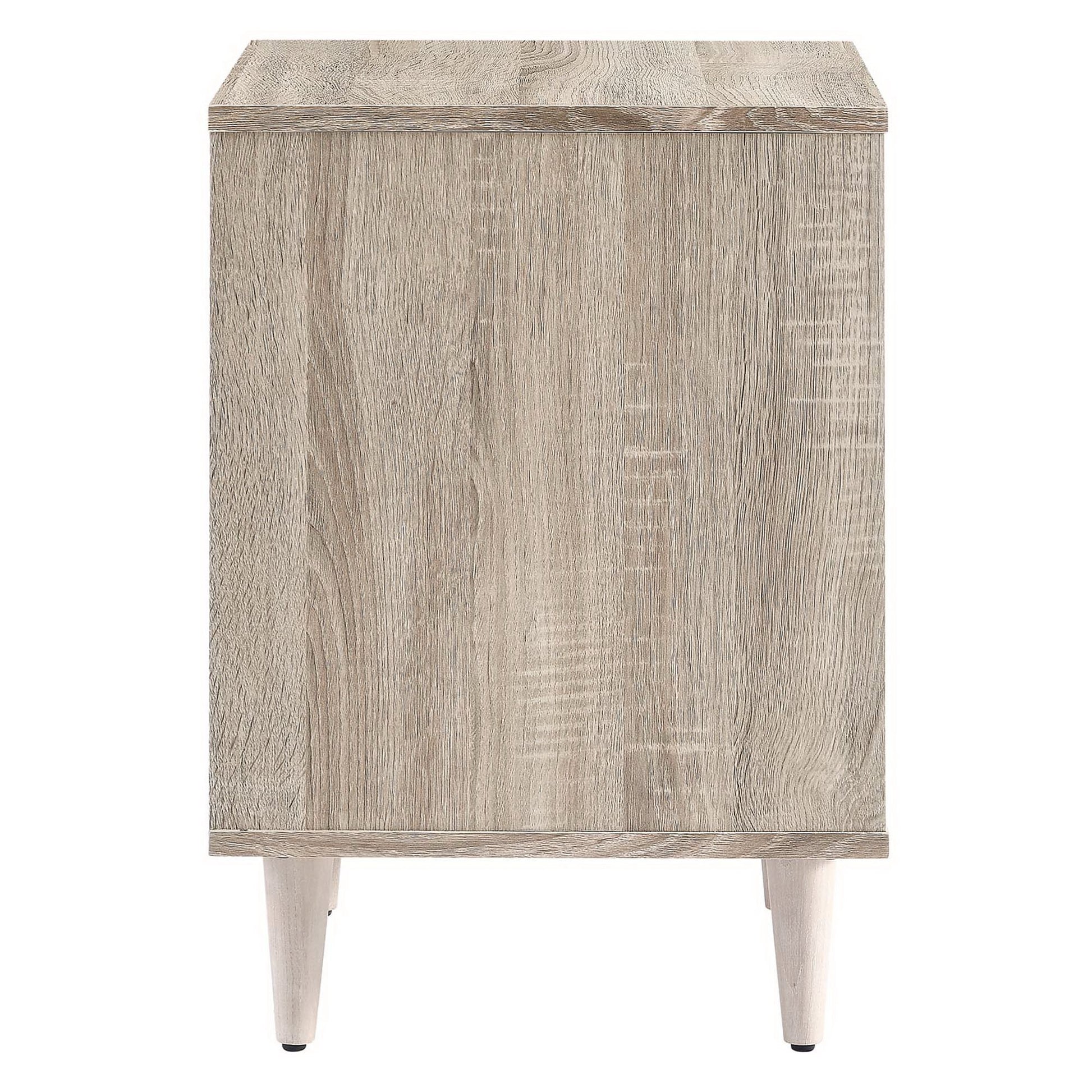 Oak White two-drawer wooden nightstand with tapered legs.