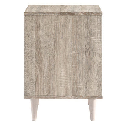 Oak White two-drawer wooden nightstand with tapered legs.
