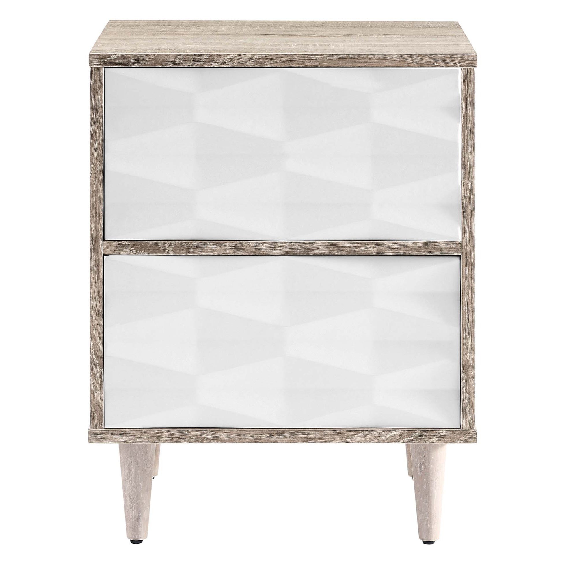 Oak-finish two-drawer nightstand with white geometric textured fronts and tapered legs.