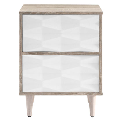 Oak-finish two-drawer nightstand with white geometric textured fronts and tapered legs.