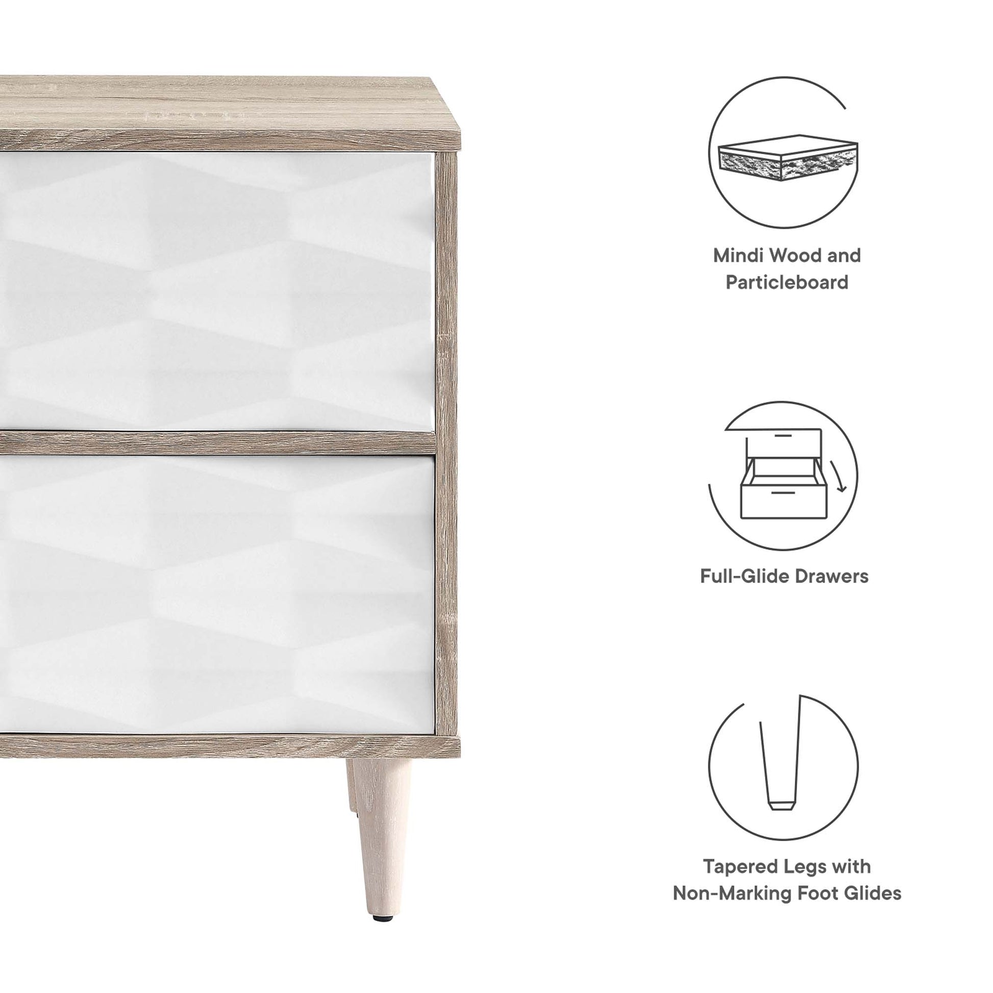 Oak wood nightstand with white geometric panel fronts, mid-century modern style, full-glide 2-drawer unit, tapered legs.
