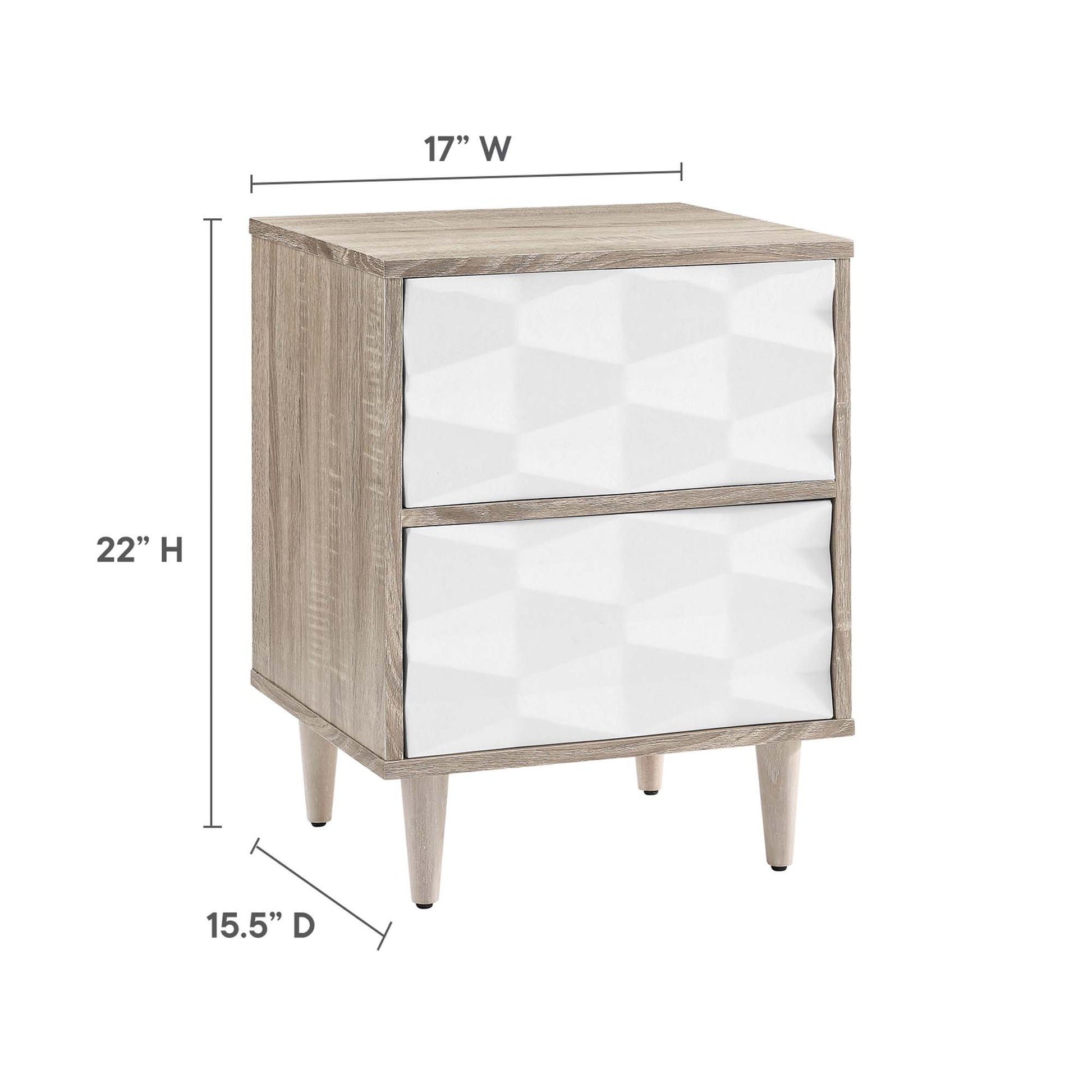 Oak wood finish nightstand with two white faceted drawer fronts, tapered legs, 17W x 22H x 15.5D.
