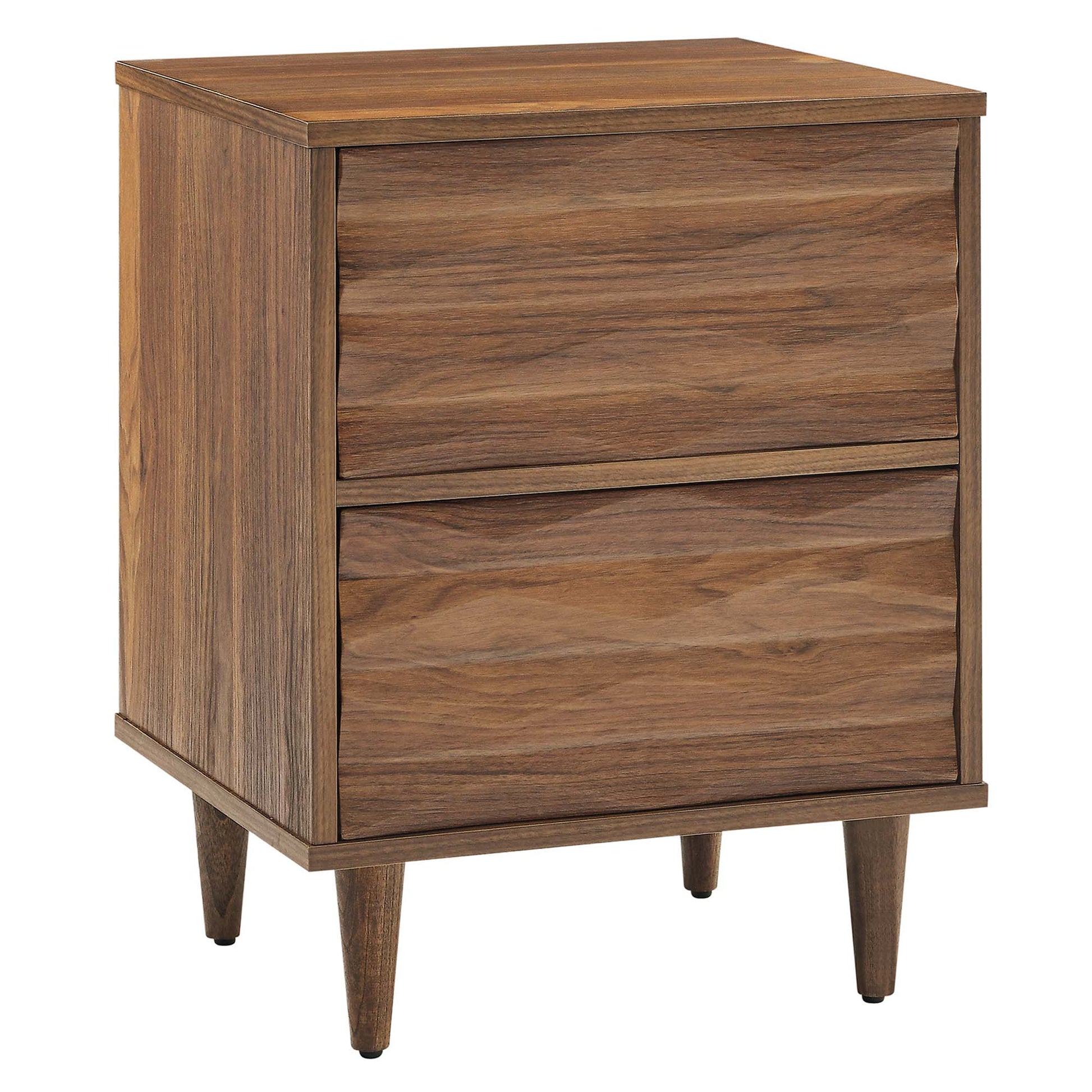 Walnut wood two-drawer nightstand with tapered legs in mid-century modern style.