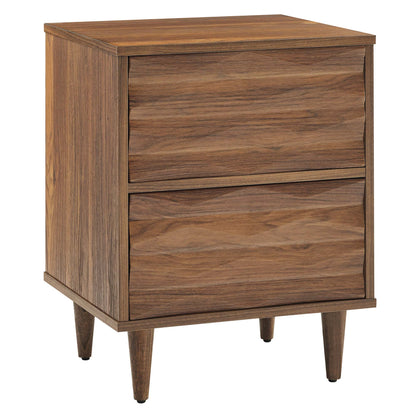 Walnut wood two-drawer nightstand with tapered legs in mid-century modern style.