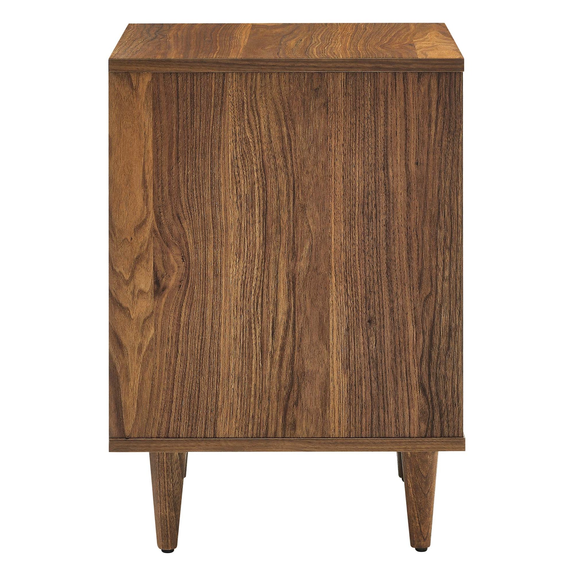Walnut wood 2-drawer nightstand in mid-century modern style with tapered legs and a smooth front panel