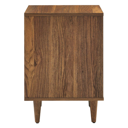 Walnut wood 2-drawer nightstand in mid-century modern style with tapered legs and a smooth front panel