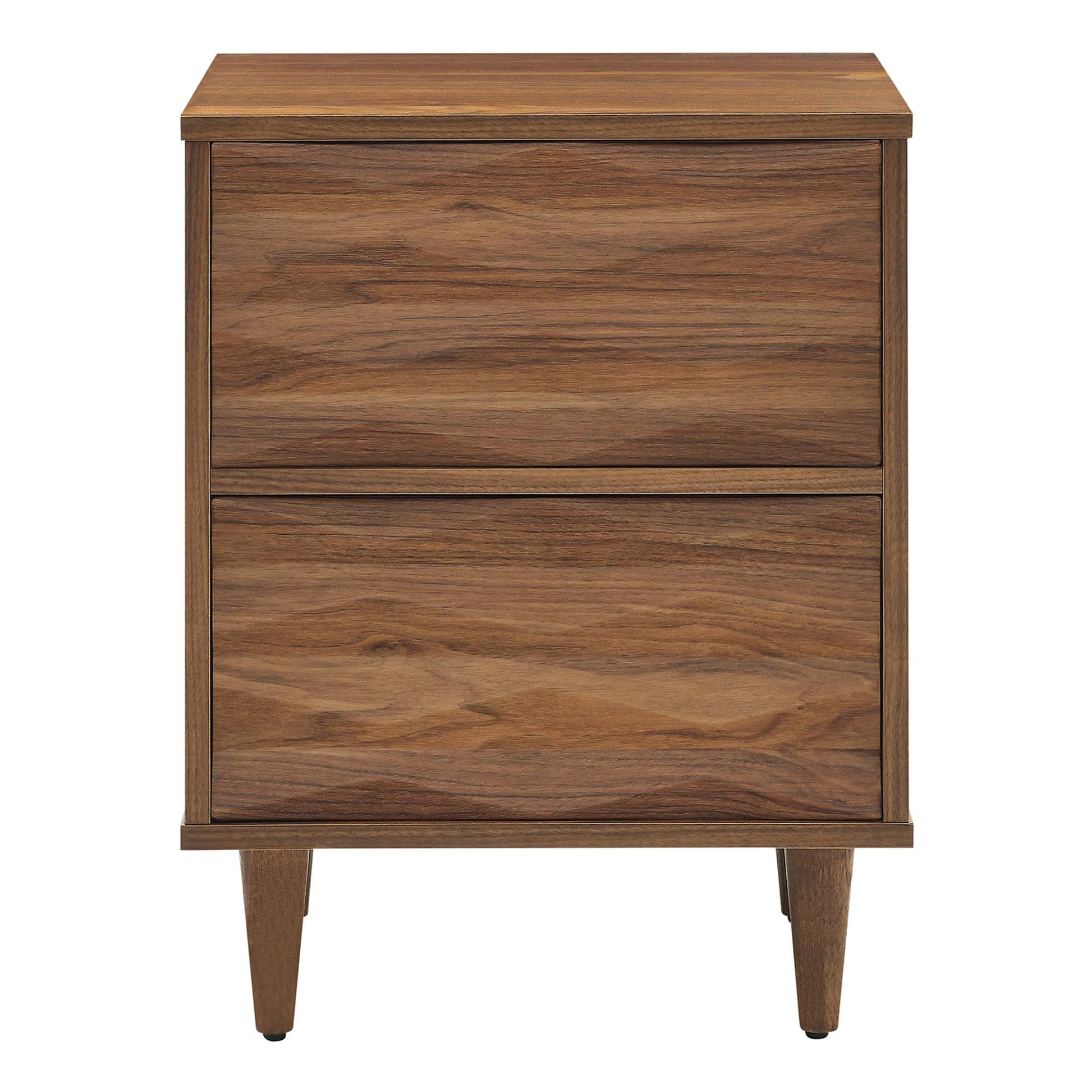 Walnut finish two-drawer nightstand with tapered mid-century legs.