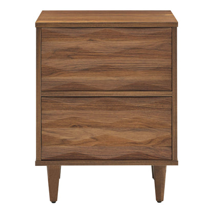 Walnut finish two-drawer nightstand with tapered mid-century legs.