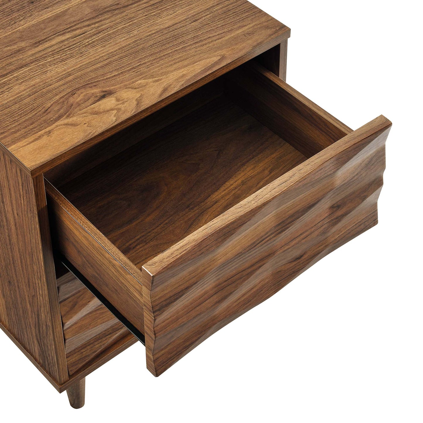 Walnut wood nightstand with two drawers, one pulled out to reveal the interior, tapered legs, mid-century design.