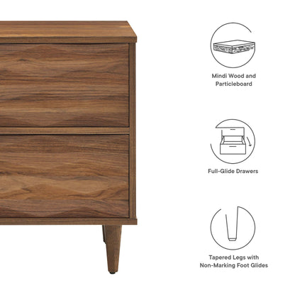 Walnut-stained Mindi wood veneer two-drawer nightstand with full-glide drawers and tapered legs.