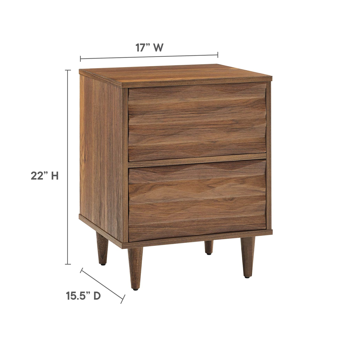 Walnut-finish two-drawer nightstand with tapered legs & mid-century style (17W x 22H x 15.5D)