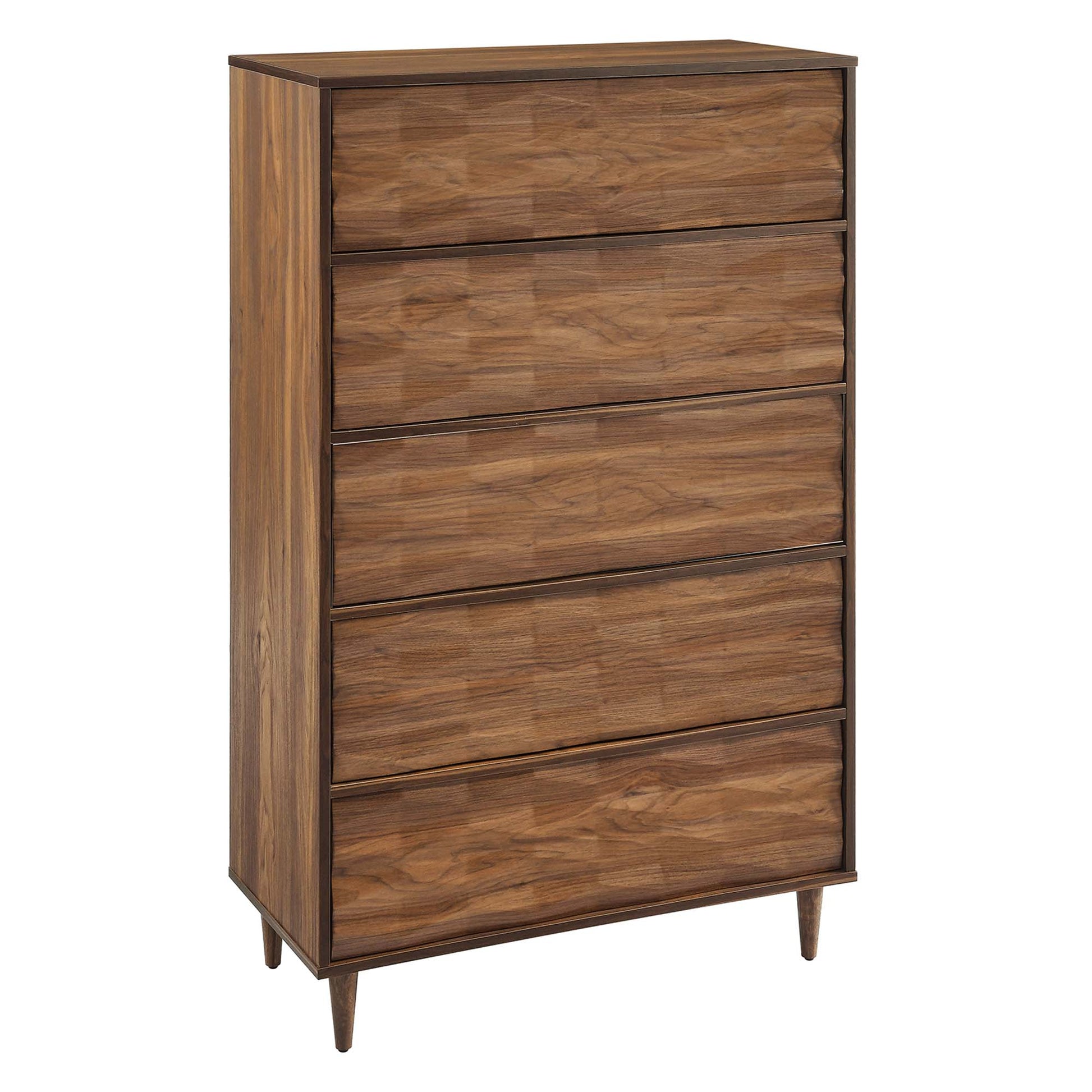 Walnut wood 5-drawer chest with tapered legs in mid-century modern style.