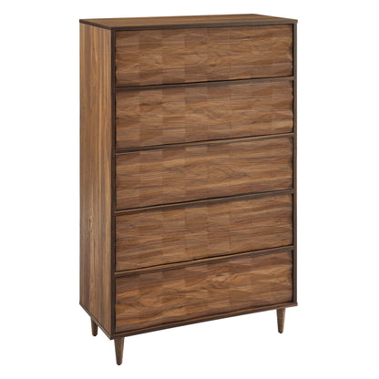 Walnut wood 5-drawer chest with tapered legs in mid-century modern style.