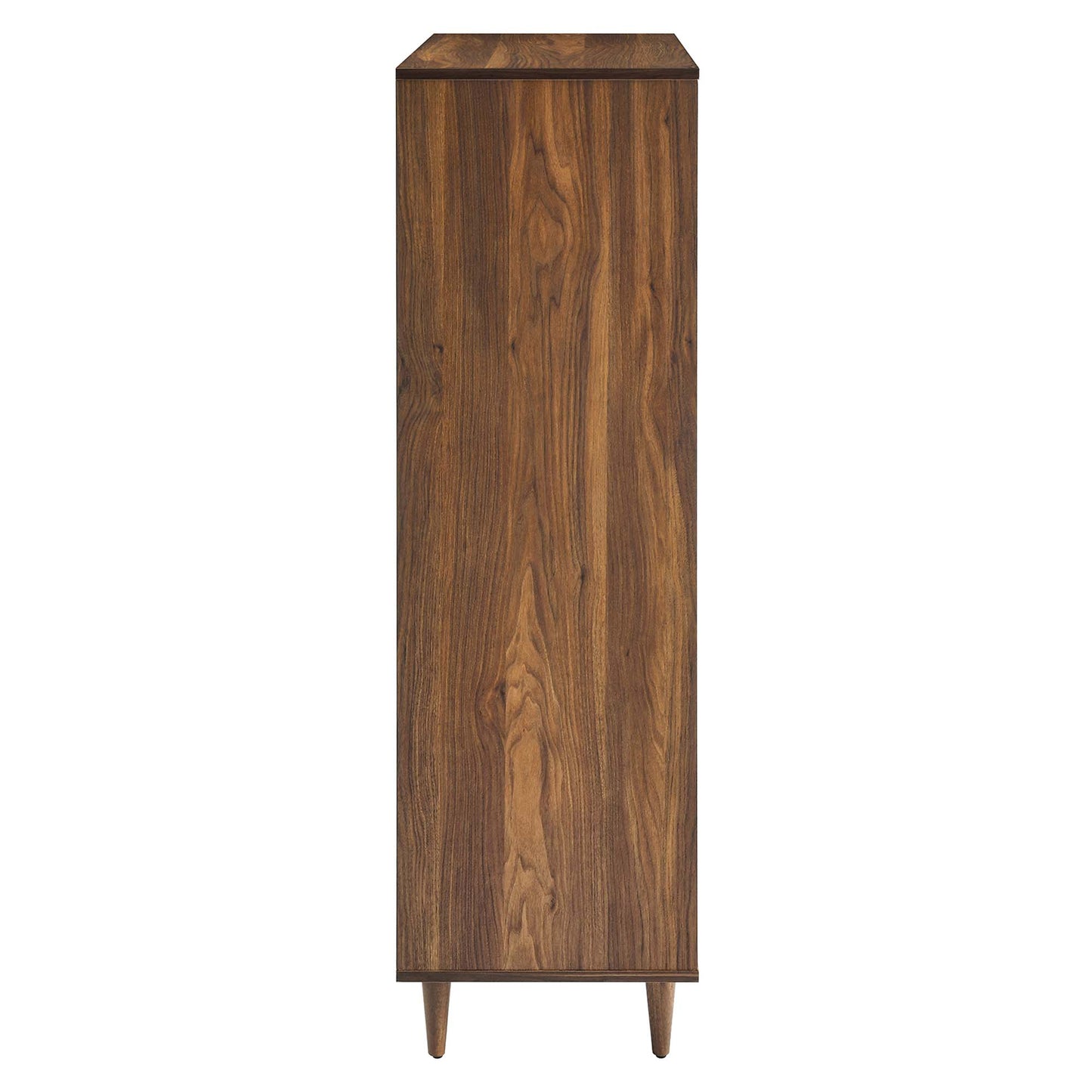 Walnut-finish 5-drawer chest with tapered legs, mid-century modern design.
