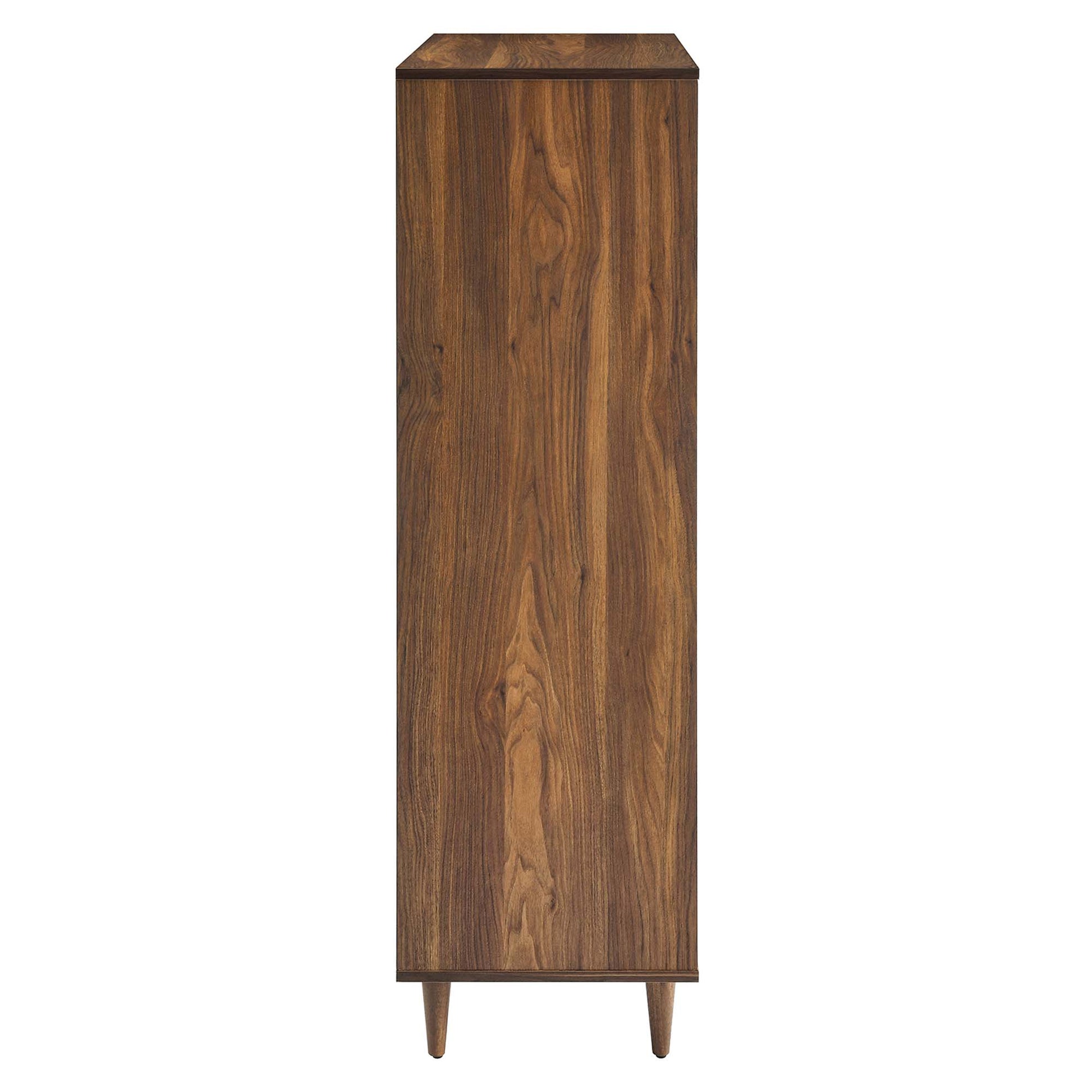 Walnut-finish 5-drawer chest with tapered legs, mid-century modern design.