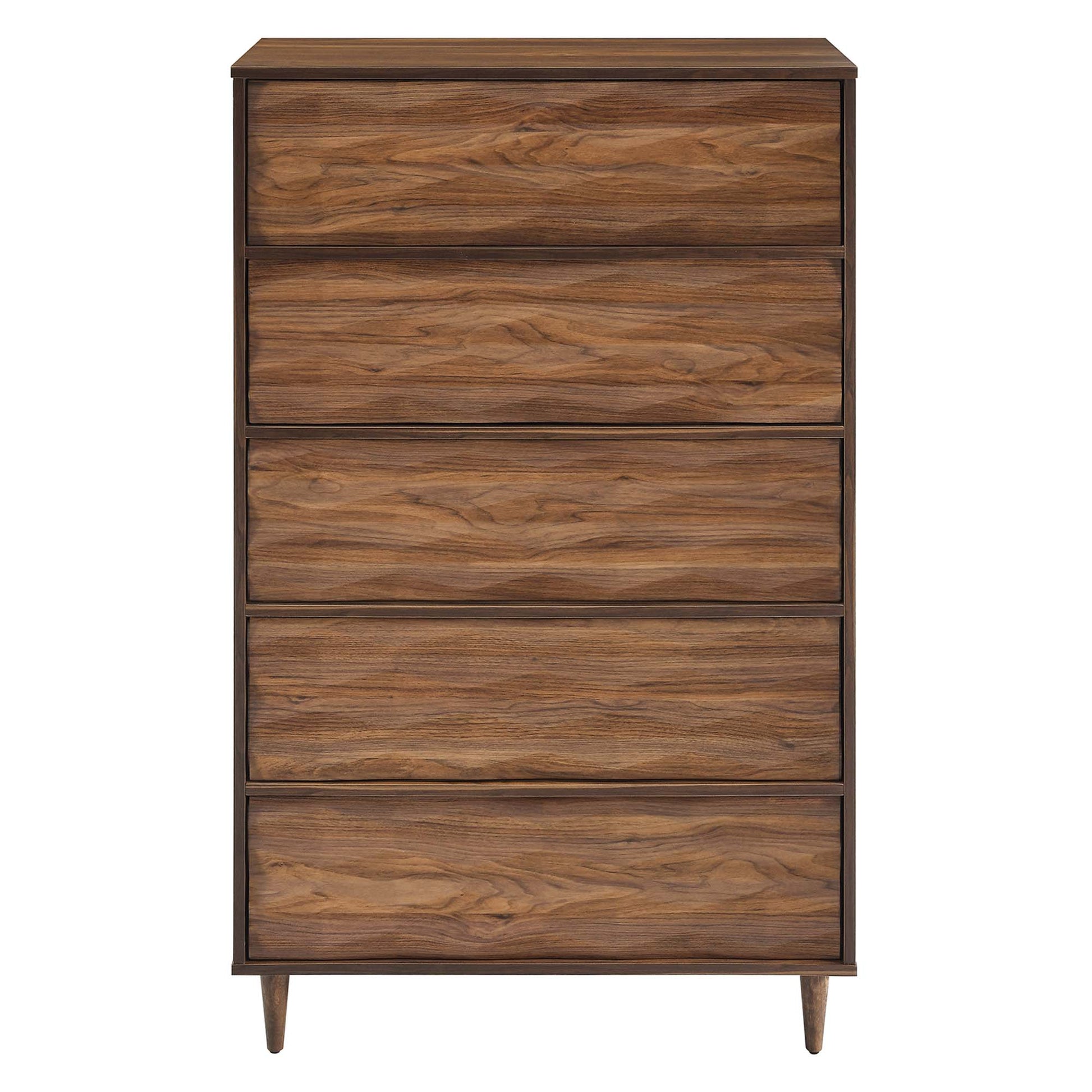 Walnut-finish five-drawer chest with tapered legs, mid-century modern style.