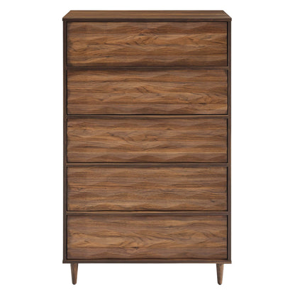 Walnut-finish five-drawer chest with tapered legs, mid-century modern style.