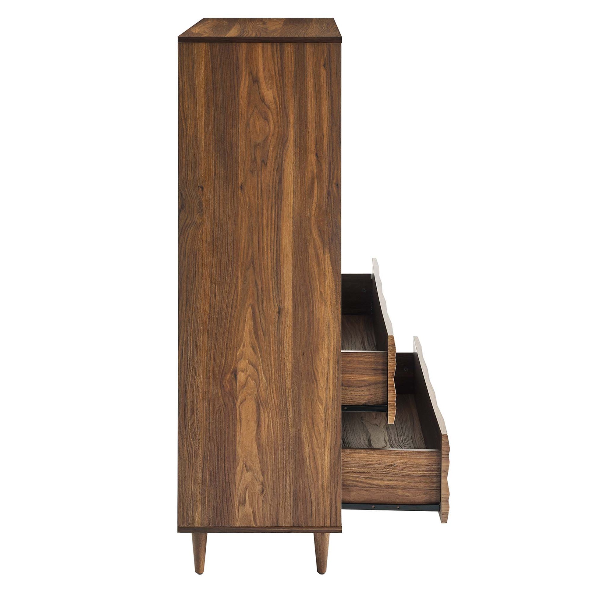 Walnut wood 5-drawer chest with tapered legs, mid-century modern storage.