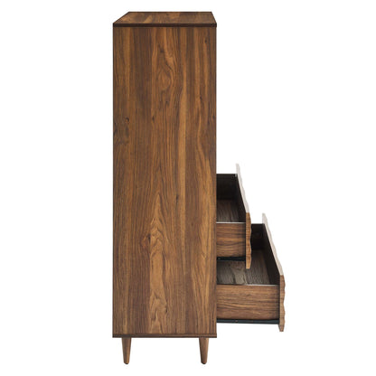 Walnut wood 5-drawer chest with tapered legs, mid-century modern storage.