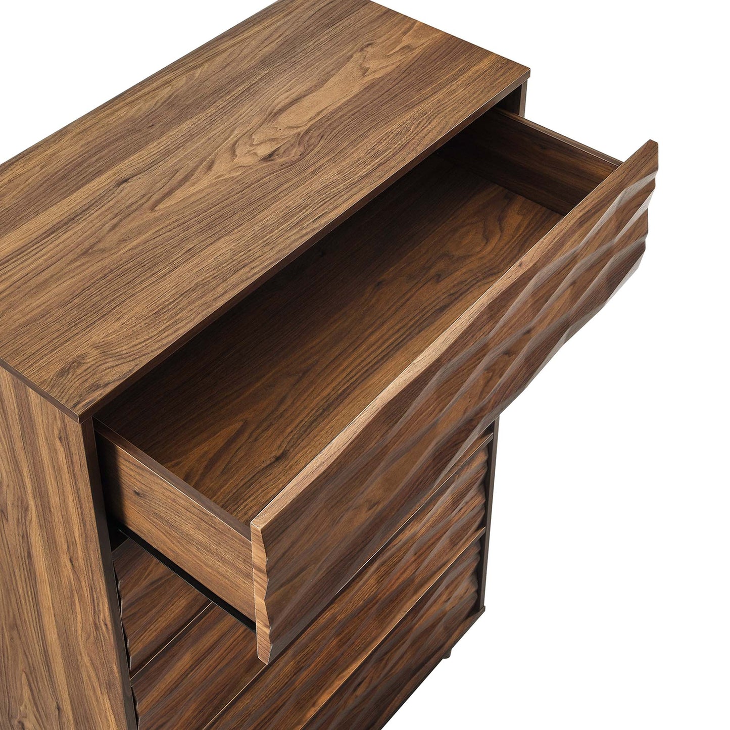 Walnut wood dresser with rectangular top, open left drawer, and three wave-grain front drawers on the right.