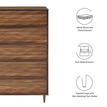 Walnut-finish mid-century modern chest with five full-glide drawers and tapered legs.