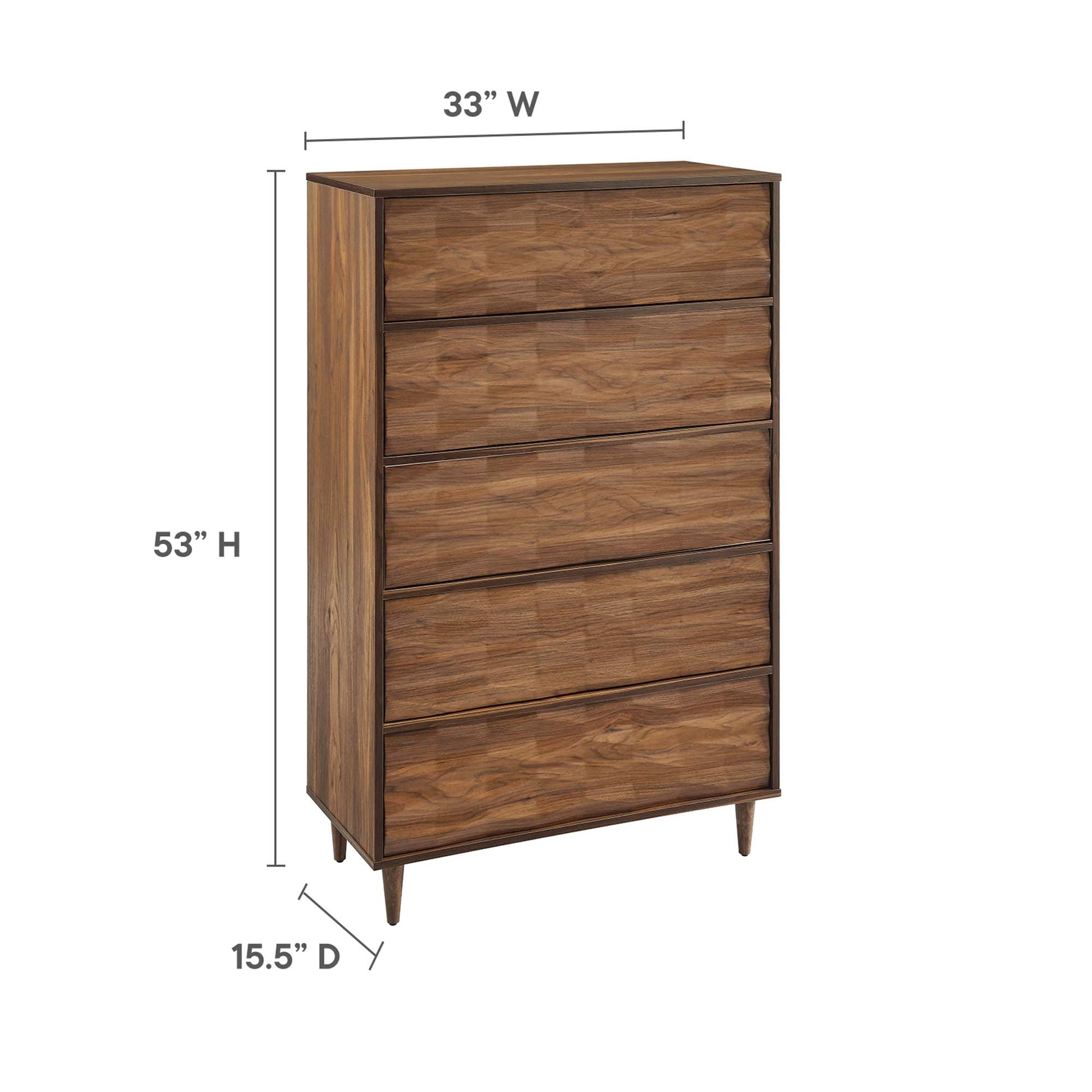 Walnut-finished 5-drawer chest with tapered legs, mid-century design; 53"H x 33"W x 15.5"D.
