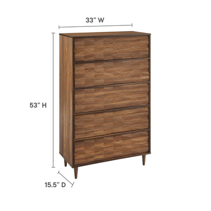 Walnut-finished 5-drawer chest with tapered legs, mid-century design; 53"H x 33"W x 15.5"D.