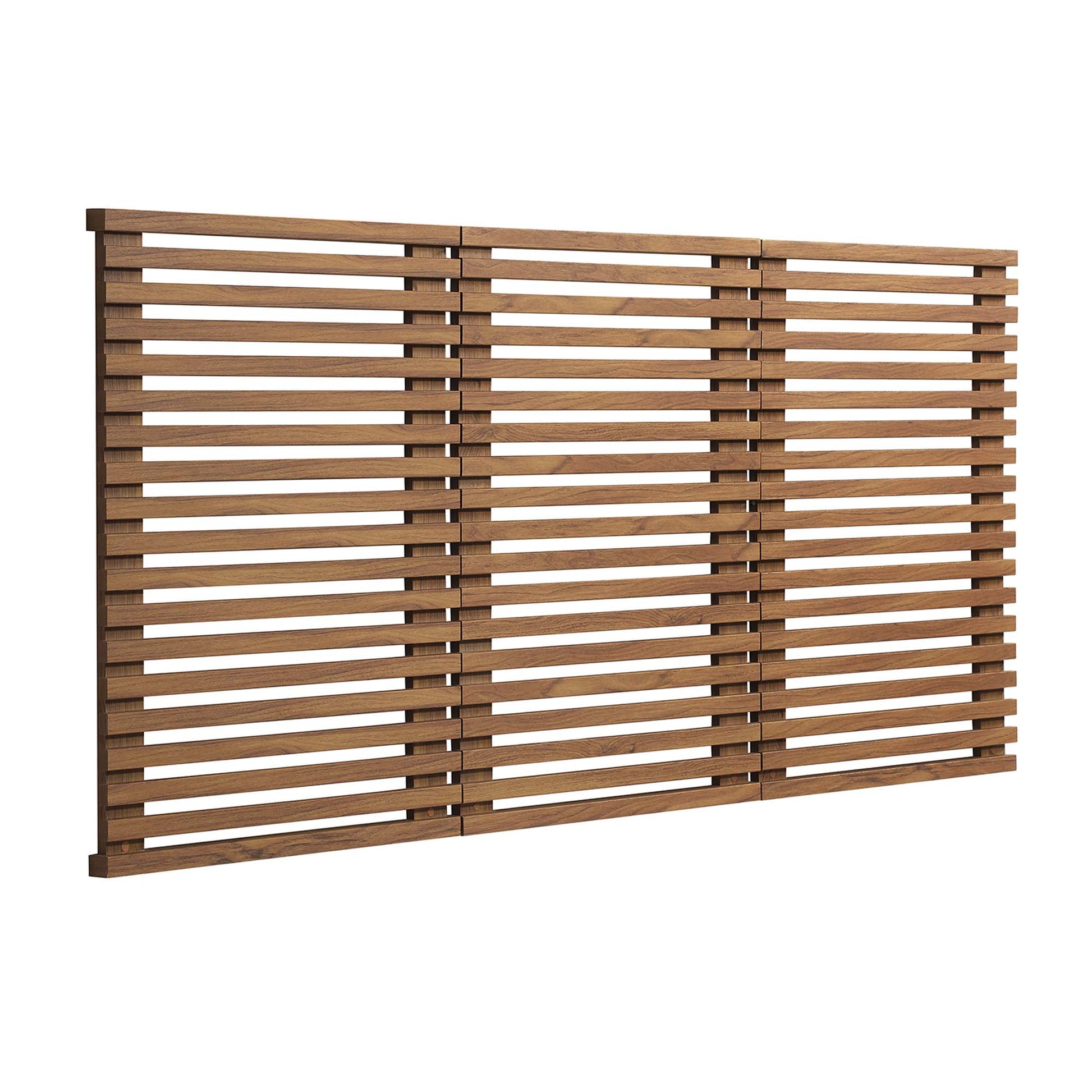 Walnut wood wall-mounted queen headboard, brown finish.