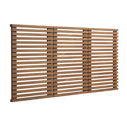 Walnut wood wall-mounted queen headboard, brown finish.