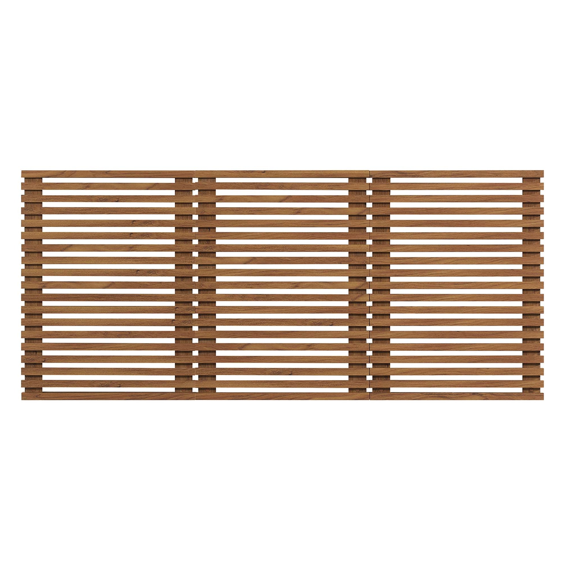 Walnut wood headboard for a queen bed, wall-mount design with three-panel configuration and evenly spaced horizontal slats.