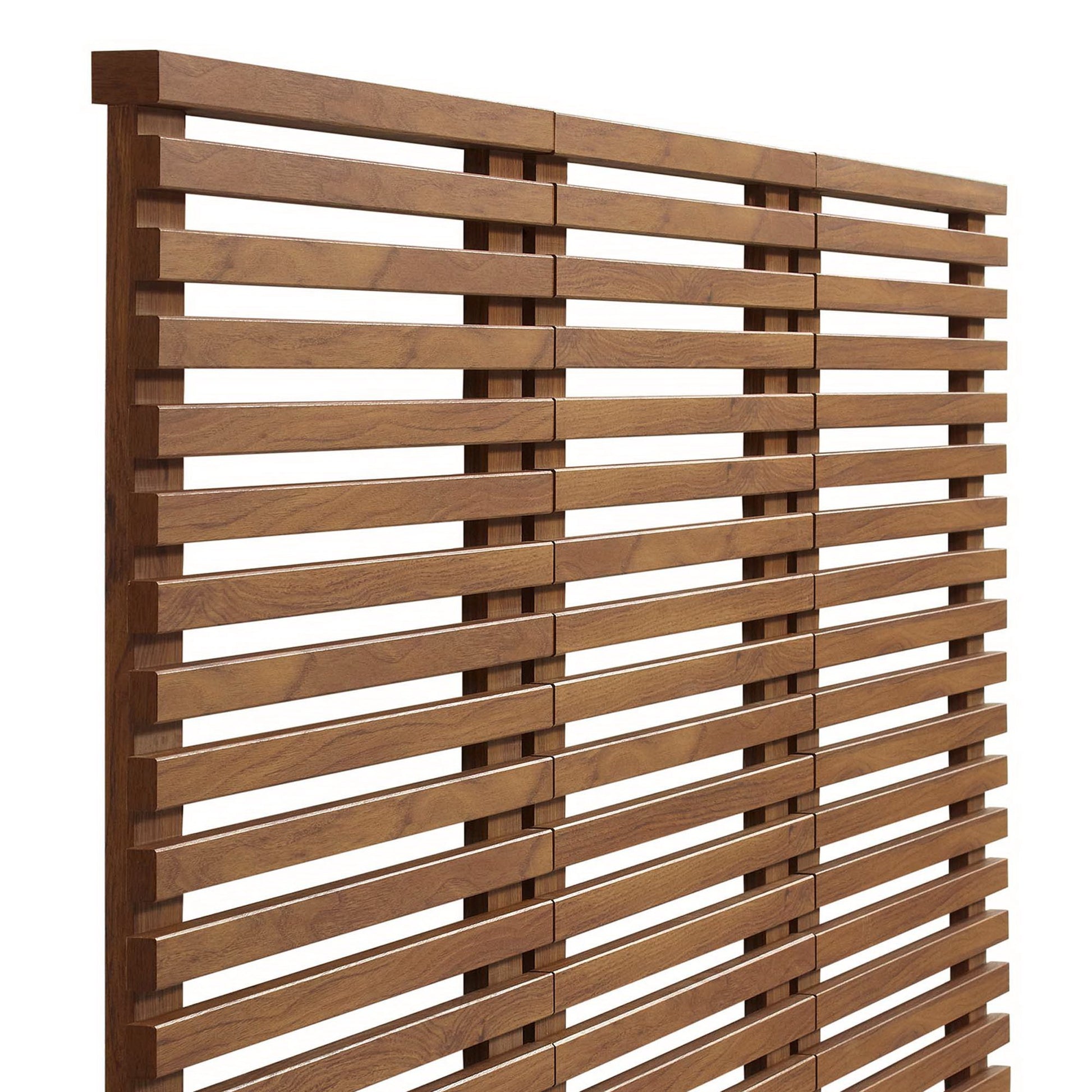 Walnut wood two-panel queen headboard for wall mounting with evenly spaced horizontal slats and vertical supports.