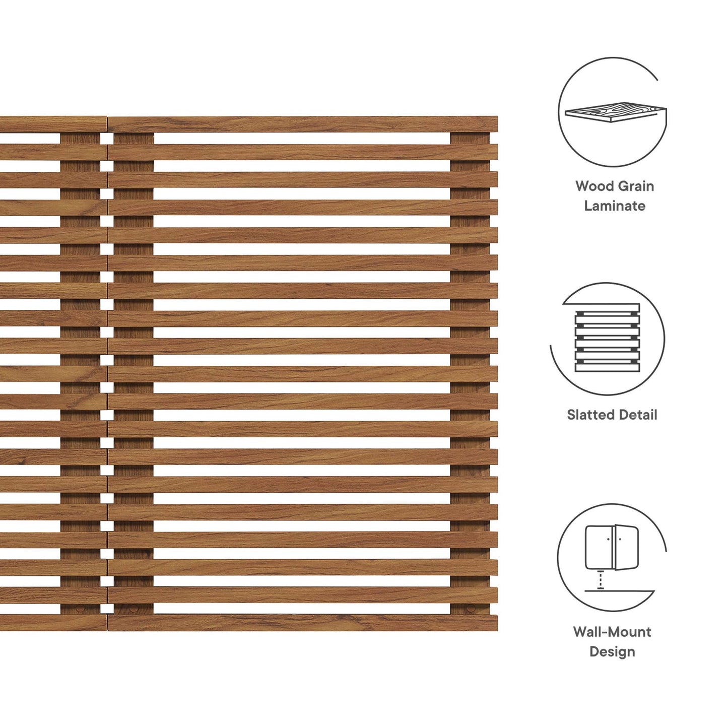Brown walnut wood grain laminate slatted headboard with wall-mount design