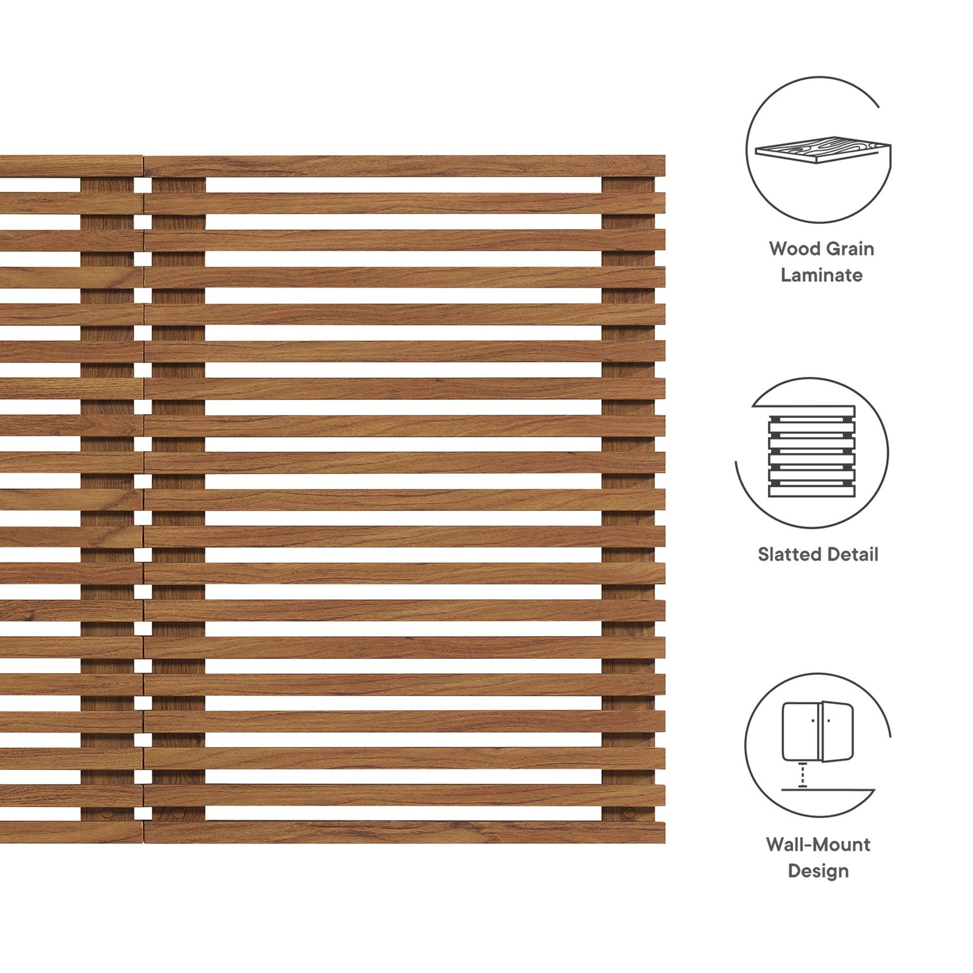 Brown walnut wood grain laminate slatted headboard with wall-mount design