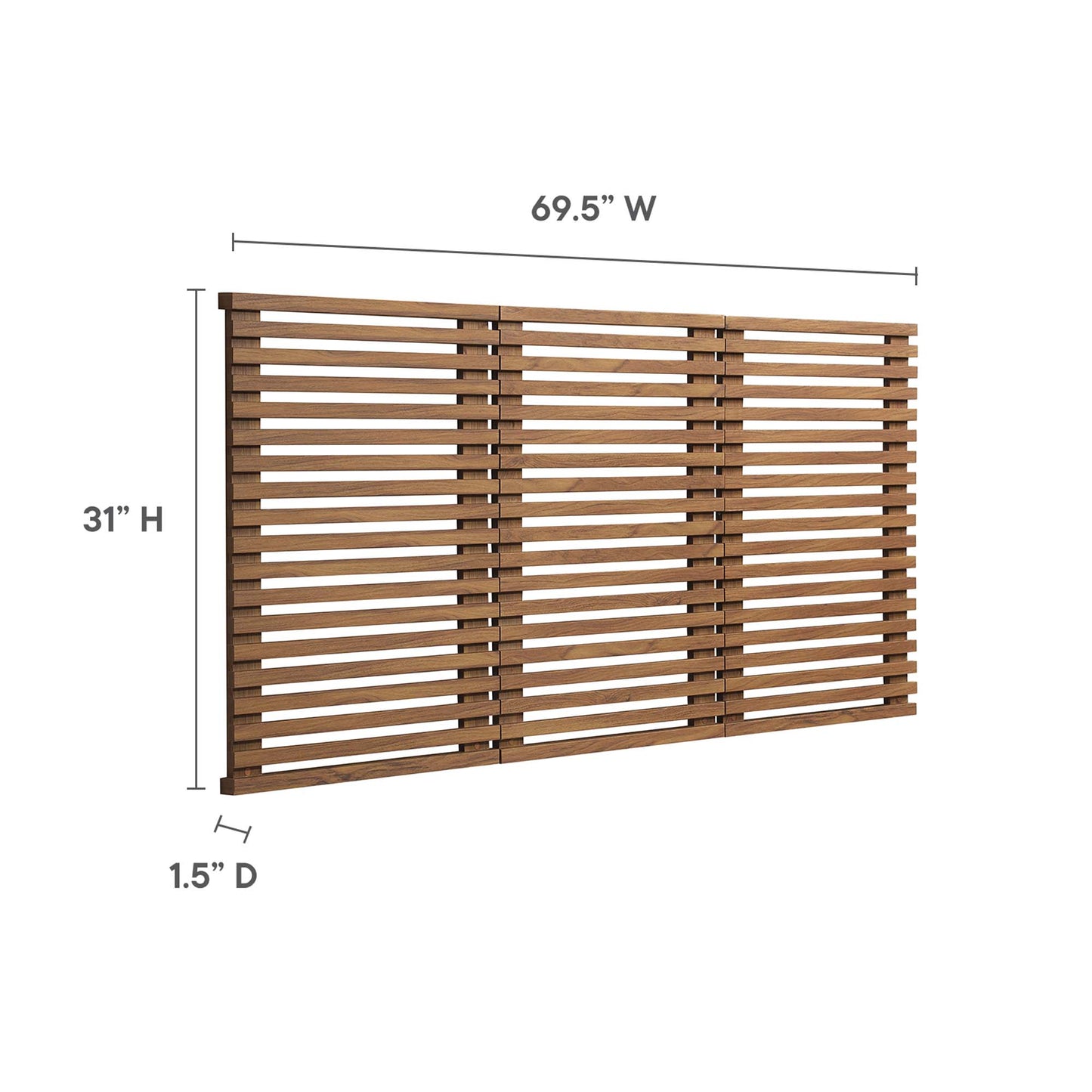 Walnut wood wall-mounted queen headboard, three-panel slatted design in brown finish, 69.5"W x 31"H x 1.5"D