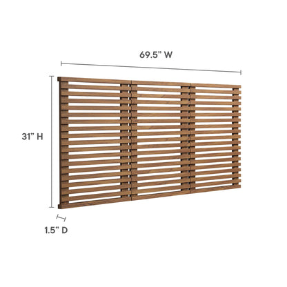 Walnut wood wall-mounted queen headboard, three-panel slatted design in brown finish, 69.5"W x 31"H x 1.5"D