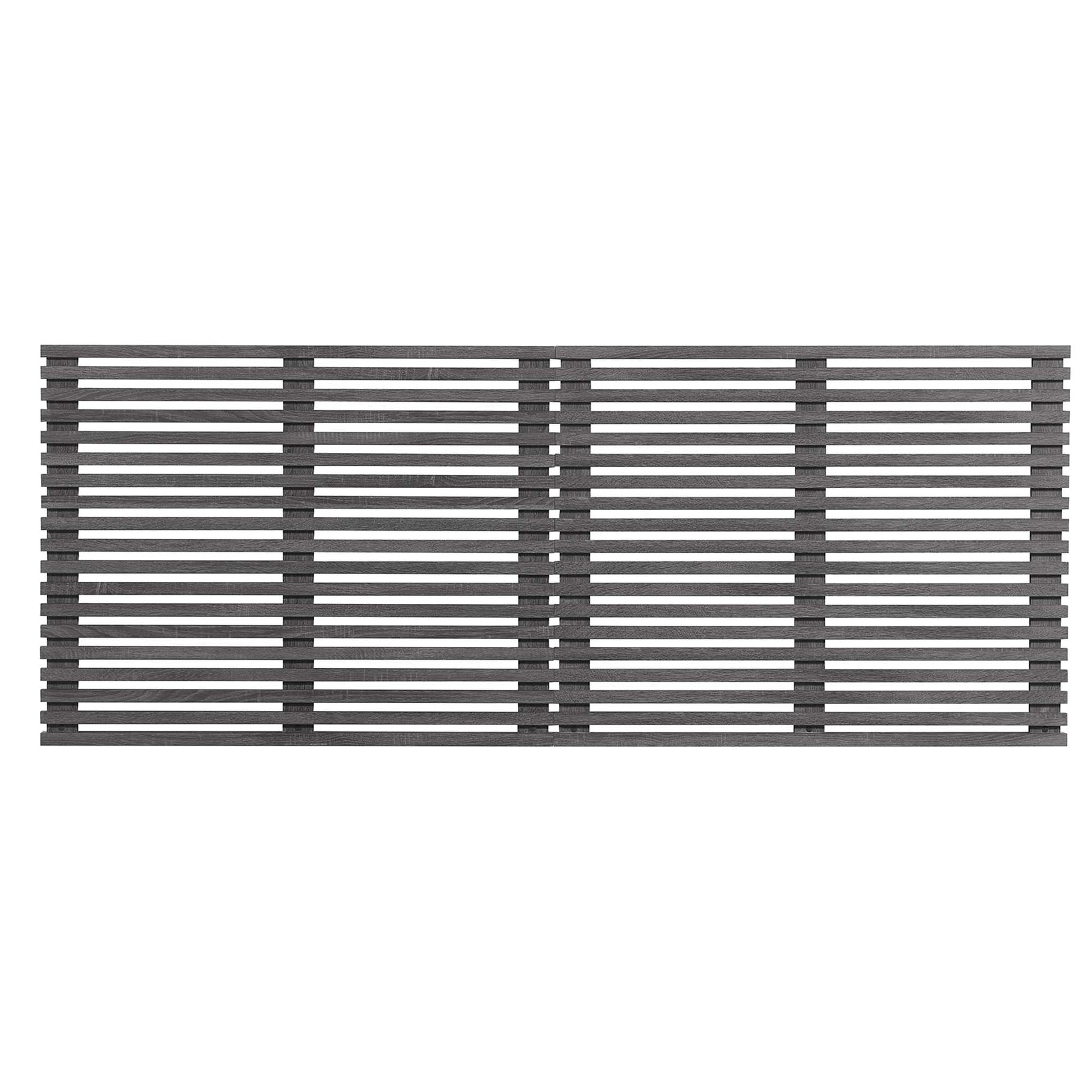 Charcoal gray king headboard, wall-mounted, three-panel dark wood slat design with evenly spaced horizontal slats.