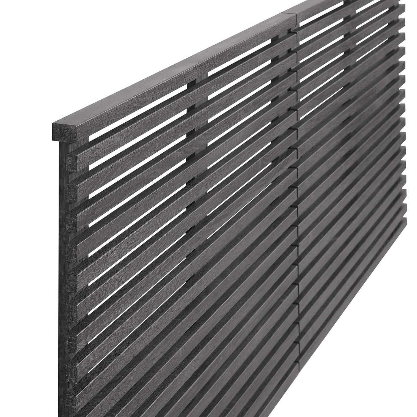 Charcoal king headboard with horizontal slatted design, wall-mounted.