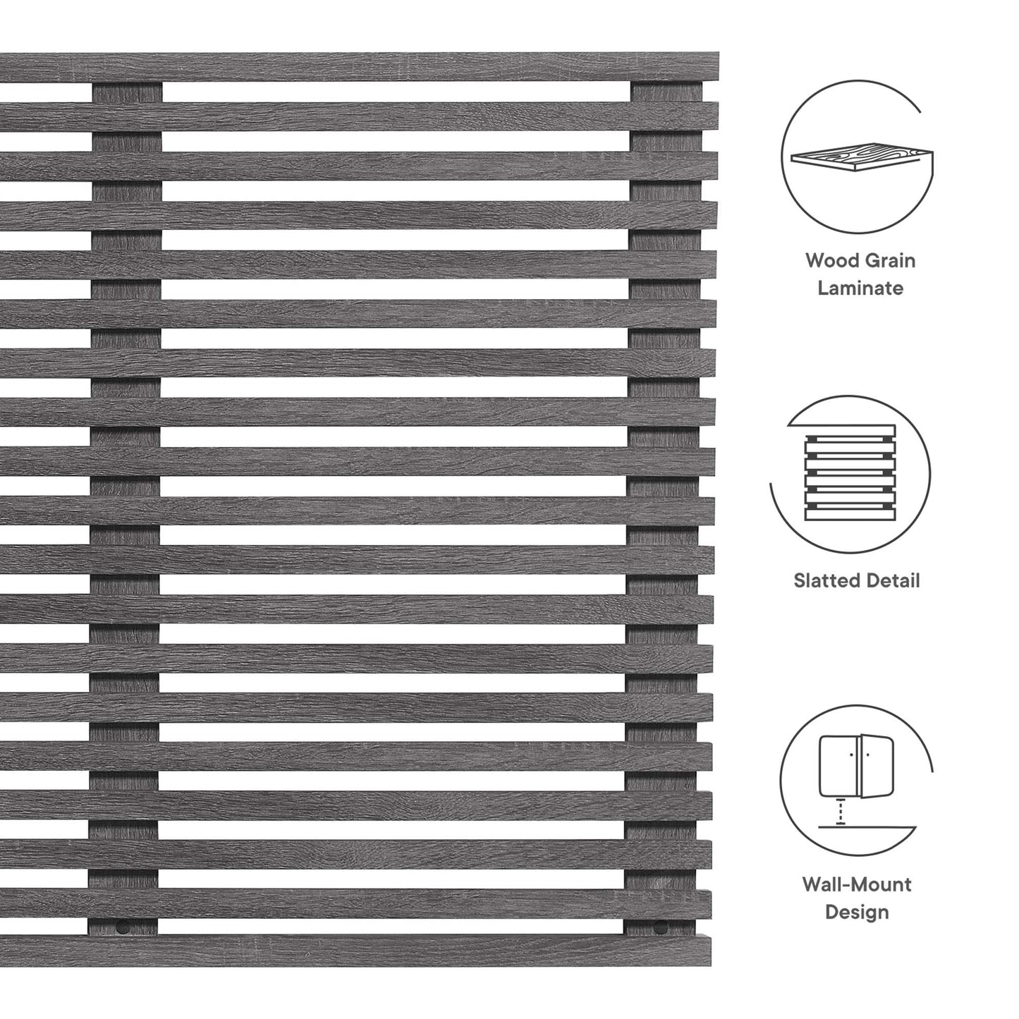Charcoal wall-mounted king headboard.