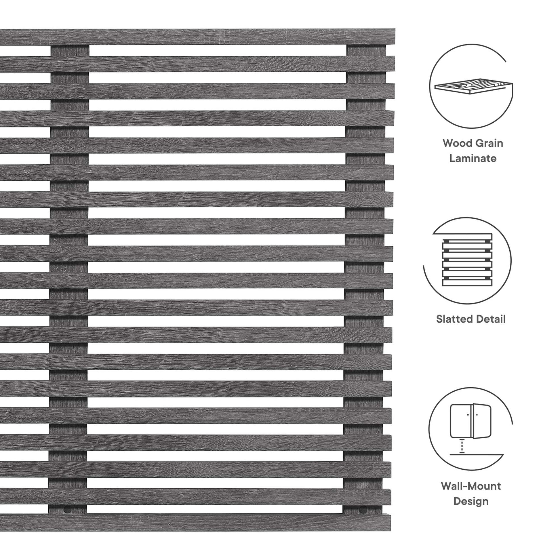 Charcoal wall-mounted king headboard.