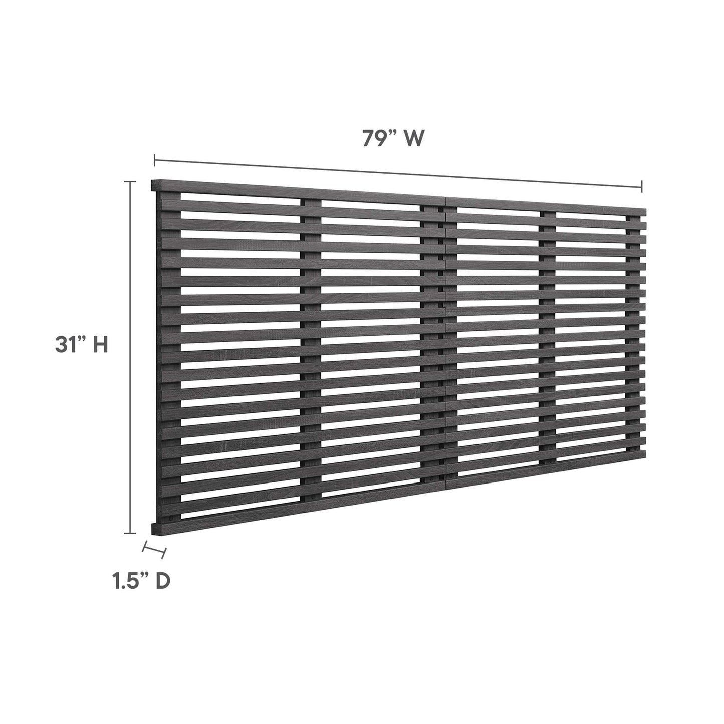 Dark wood slat king headboard, 79W x 31H x 1.5D, wall-mount design with horizontal slats.