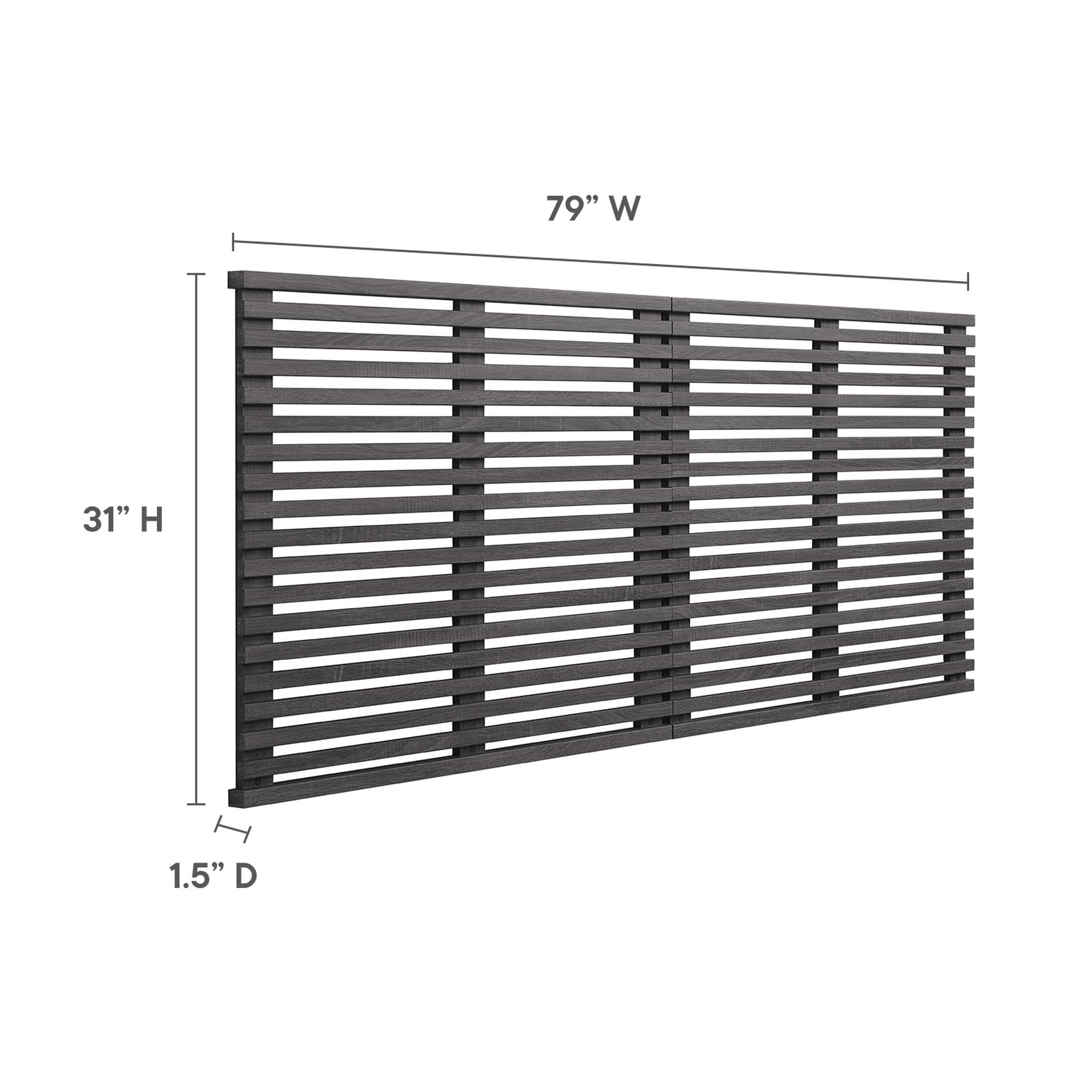 Dark wood slat king headboard, 79W x 31H x 1.5D, wall-mount design with horizontal slats.