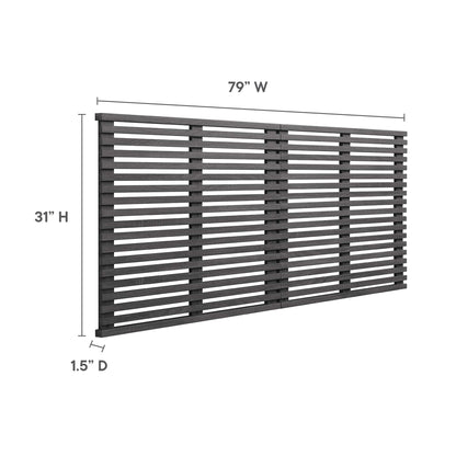 Dark wood slat king headboard, 79W x 31H x 1.5D, wall-mount design with horizontal slats.