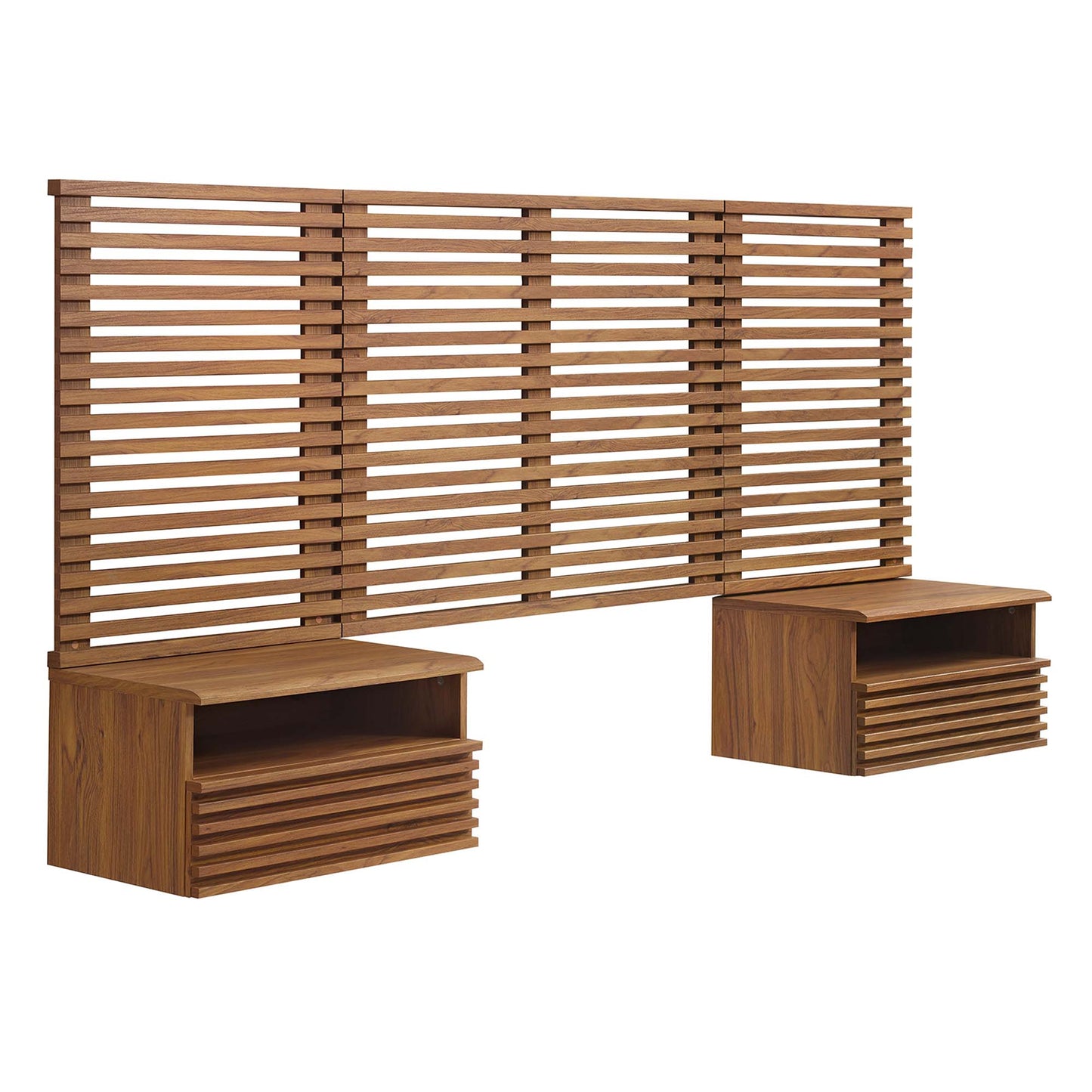 Walnut wood headboard with horizontal slats and two attached nightstands featuring open shelves and slatted fronts.