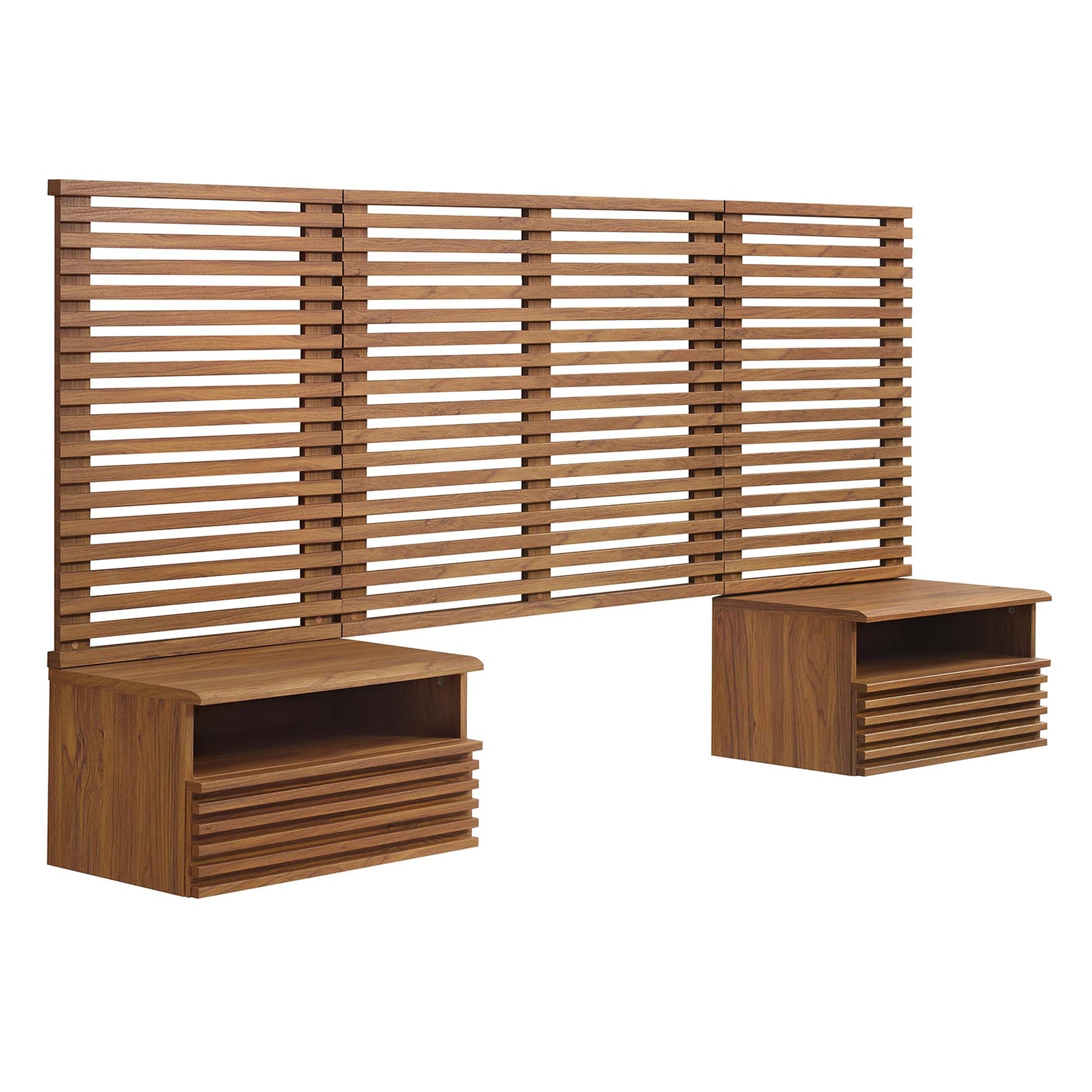 Walnut wood headboard with horizontal slats and two attached nightstands featuring open shelves and slatted fronts.