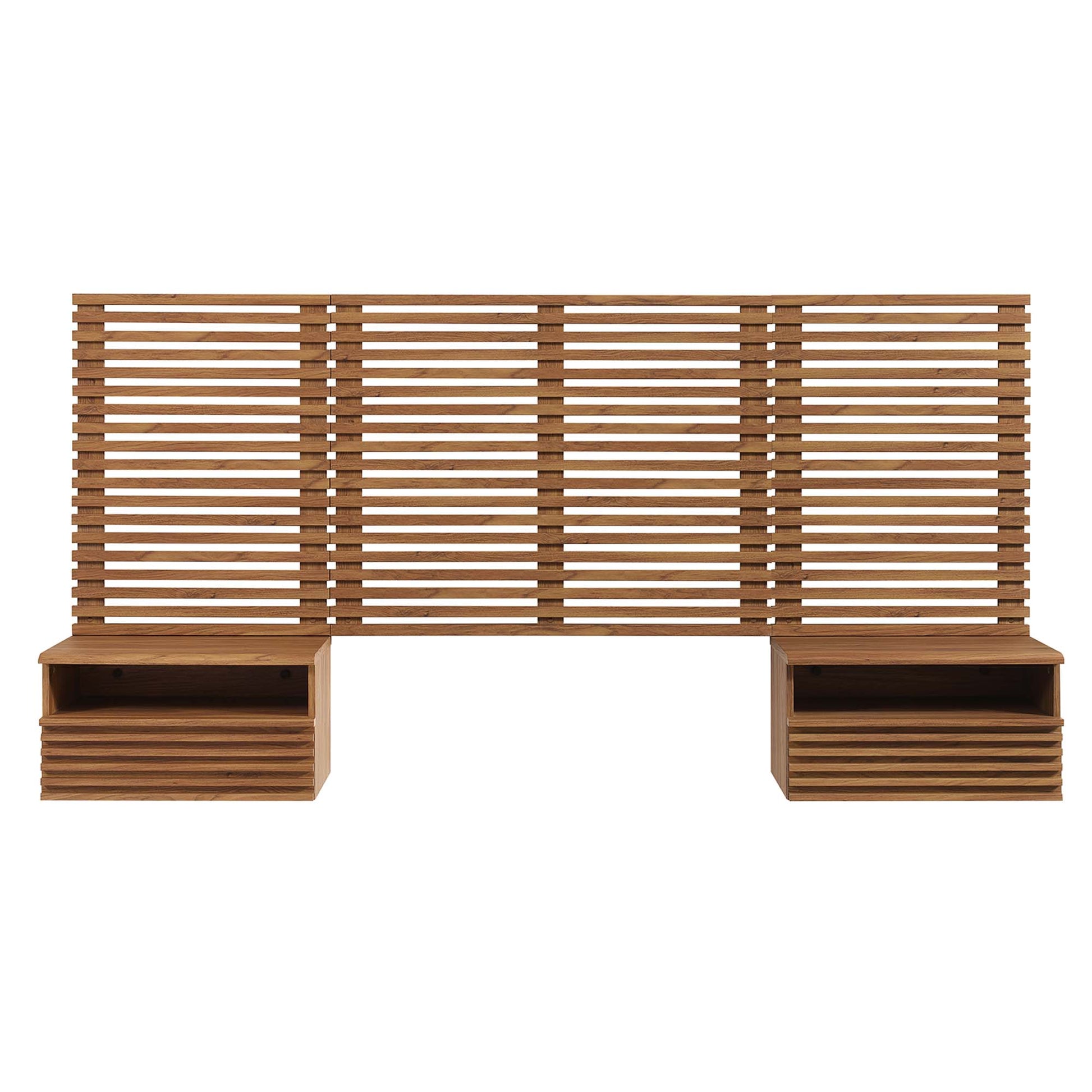 Walnut wood wall-mounted twin headboard with matching modern nightstands in brown