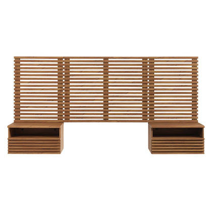 Walnut wood wall-mounted twin headboard with matching modern nightstands in brown