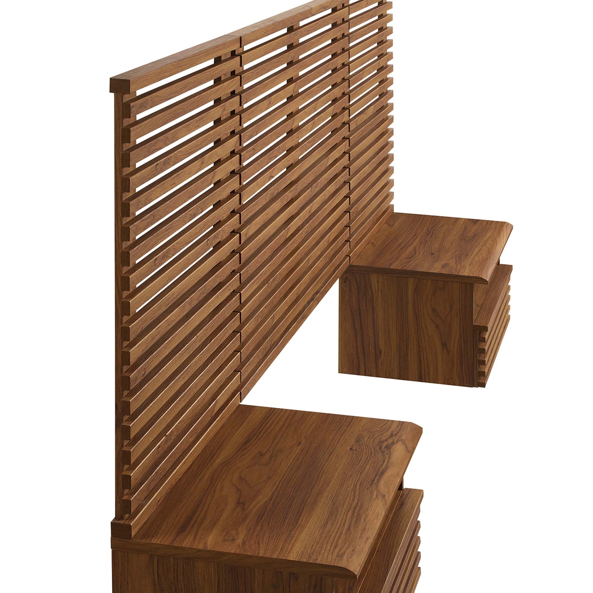 Walnut-finished wall-mount twin headboard with two matching nightstands.