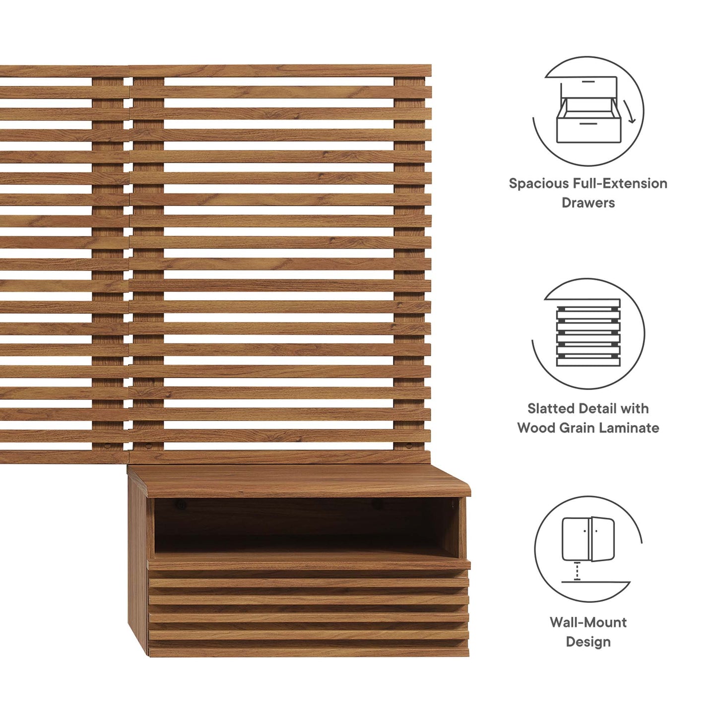Walnut wood slatted back panel with built-in shelf and full-extension drawer unit, wall-mount design.