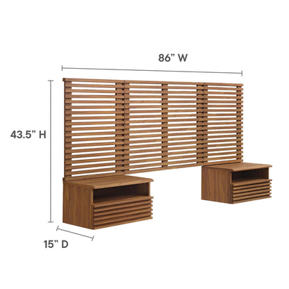 Walnut slatted wall-mounted twin headboard with two matching nightstands, 86W x 43.5H x 15D.