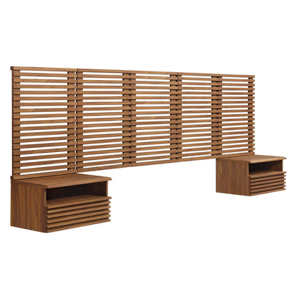 Walnut wood wall-mounted queen headboard with modern nightstands featuring open shelves and louvered drawers.